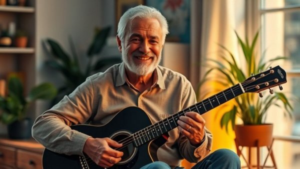 Older man with black guitar in cozy room, smiling warmly