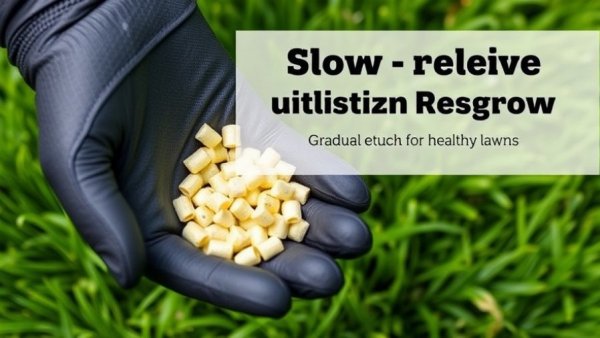 Gloved hand holding slow-release fertilizer pellets for lawn care tips.