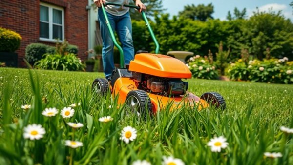Uber for lawn care service depicted by person mowing grassy yard.
