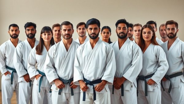 Karate practitioners in traditional Shotokan karate training.
