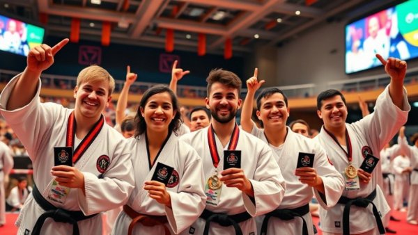 Karate champions celebrating with awards at a vibrant indoor venue.