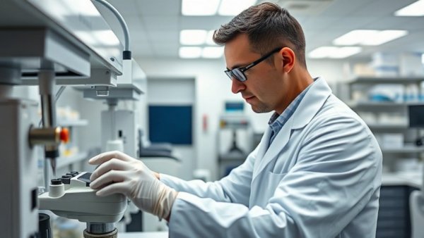 Lab technician using medical equipment in ENvue Medical hospital, Michigan.