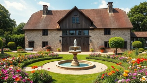 Scenic view of a historic renovated barn in Michigan, lush gardens.
