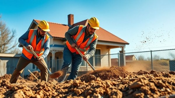 Two construction workers shoveling dirt, illustrating labor in Michigan.