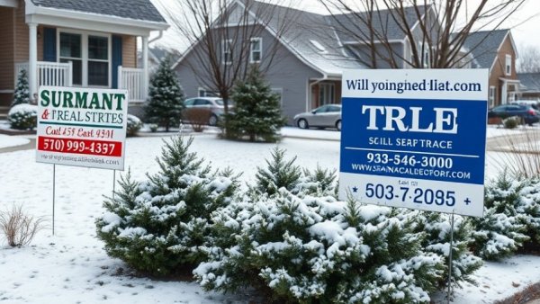Real estate signs in a snowy suburban setting