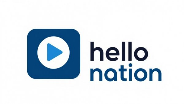 Hello Nation logo with blue play button and text