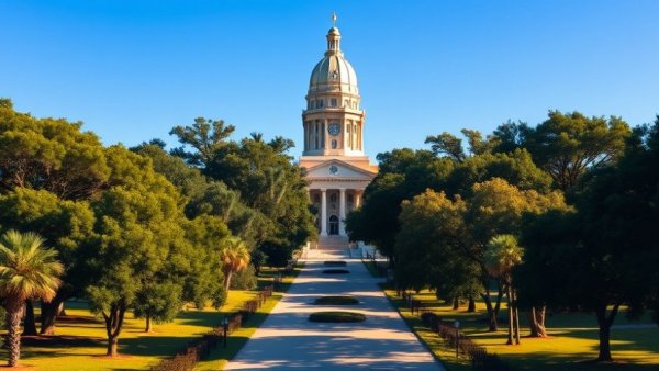 Louisiana state capitol building surrounded by greenery, clear sky.