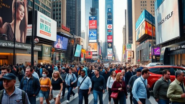 Crowded Times Square scene reflecting New York tourism decline.
