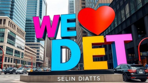 Detroit travel attraction with 'WE ❤️ DET' sculpture in urban setting.
