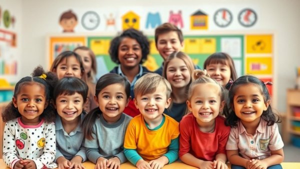 Diverse group of children and teachers smiling in a Michigan preschool classroom.