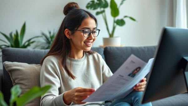 Young woman in online job interview with resume in hand, Michigan salary history ban context.