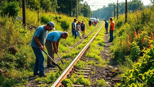 Volunteers constructing Black River Railroad, morning sunlight.