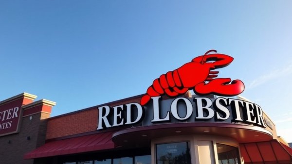Red Lobster restaurant sign against a clear blue sky.