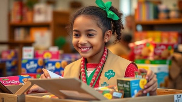Girl scout organizing unsold girl scout cookies in Michigan.