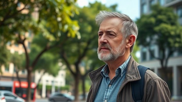 Middle-aged man standing outdoors with thoughtful expression