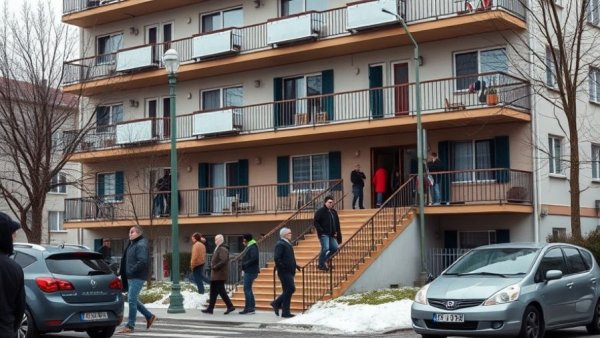 Apartment building with people on stairs, rental property oversight services.