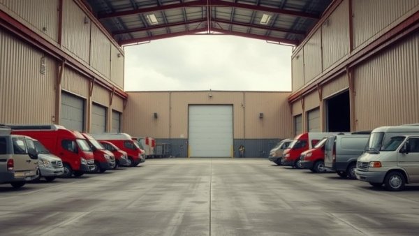 Industrial warehouse with vehicles, property management fraud context