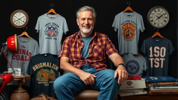 Casually dressed man with vintage memorabilia, property management acquisition theme.