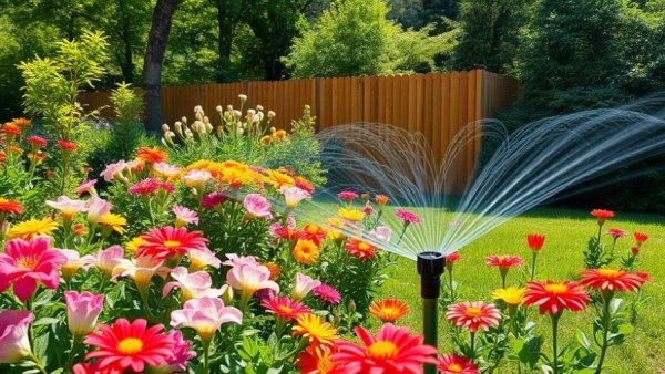 Lush garden with Irrigreen Smart Drip System and vibrant flowers.