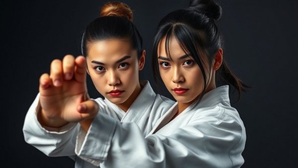 Dynamic woman performing karate moves in a suit, martial arts classes Gurnee.