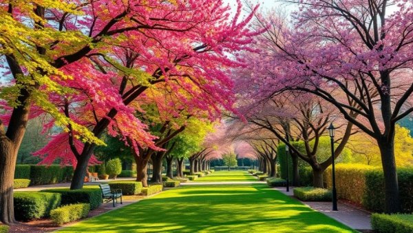 Lush park with blooming trees in Shelby, Michigan, highlighting natural beauty.