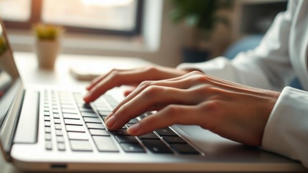 Hands typing on laptop, focusing on online education strategies.