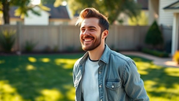 Man smiling on a golf course lawn at home.