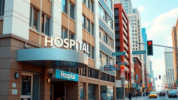 Michigan hospital safety grades urban scene with hospital and traffic lights.