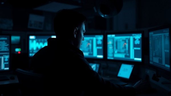 Shadowed figure operating multiple screens, portraying autonomous AI agents in business organizations.