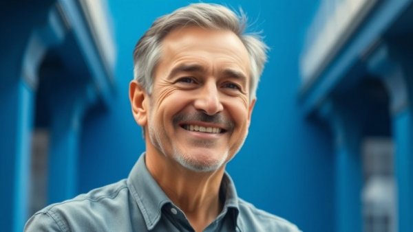Middle-aged man smiling, blurred blue background.