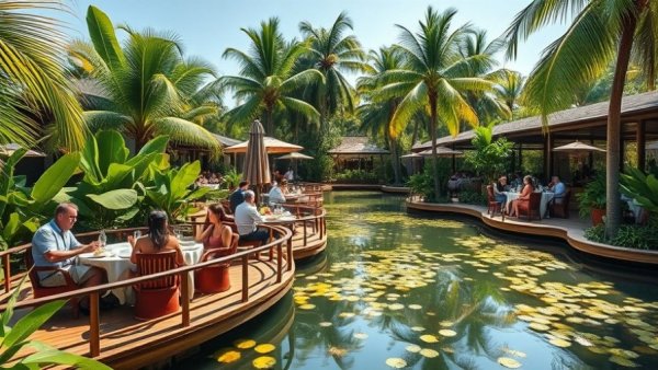 Impact of Iran war on summer tourism: tranquil dining over serene pond.