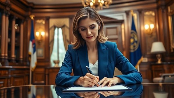 Woman signing document on Michigan healthcare access legislation