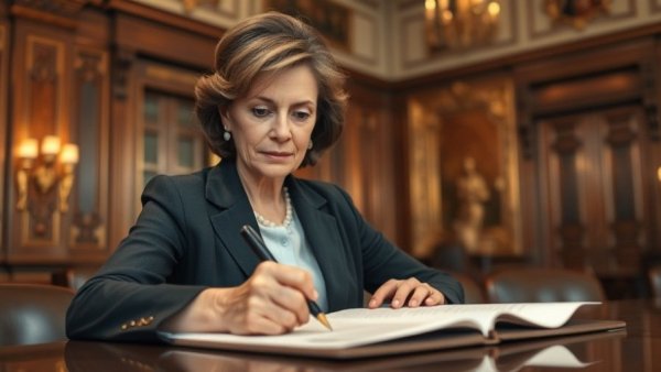 Woman signing documents highlighting Michigan healthcare reforms.