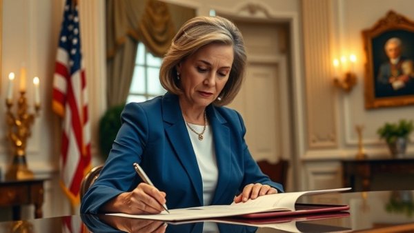 Mature woman signing document in elegant office related to health care access legislation Michigan.