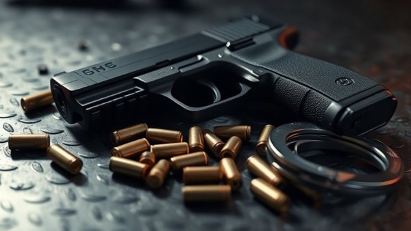 Handgun with bullets and handcuffs on metal surface.
