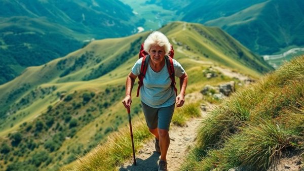 Elderly woman confidently hiking at 80 on a steep trail.