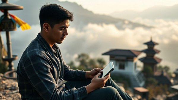 Young man using tablet with mountain view, Michigan Spring Break 2026 travel tips.