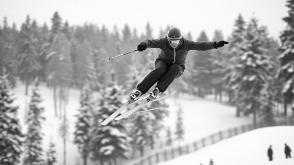 Historical ski jumper at Copper Peak, black and white.