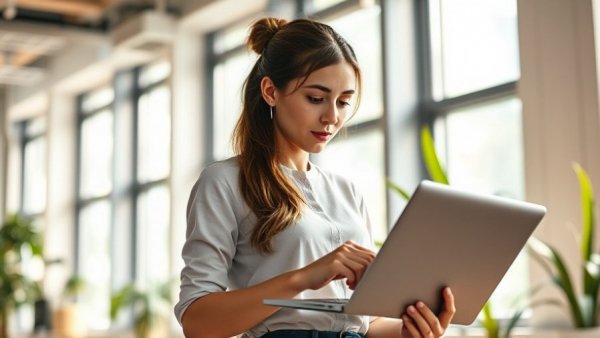 Young woman managing AI-enhanced side hustles in a modern office.