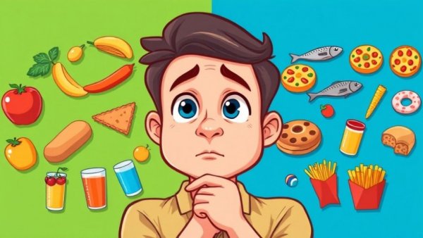 Cartoon man deciding between healthy and processed foods, illustrating binge eating choices.