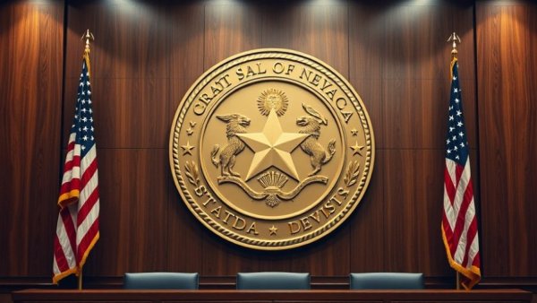 Great Seal of Nevada in an official meeting room, symbolizing authority.