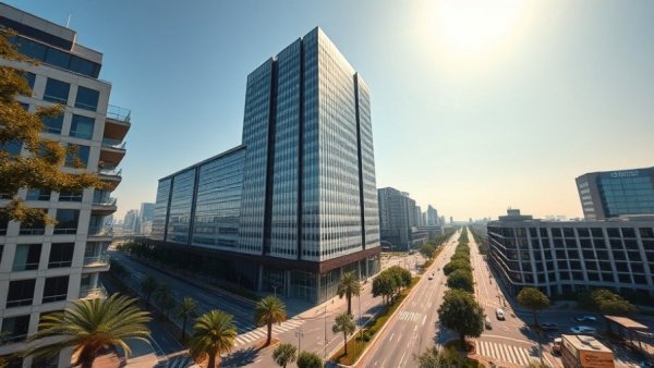 Tall office building in urban landscape connected to LAUSD money laundering scheme, bright day.