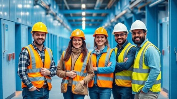 Industrial workers in safety gear at a Michigan agriculture sustainability facility.
