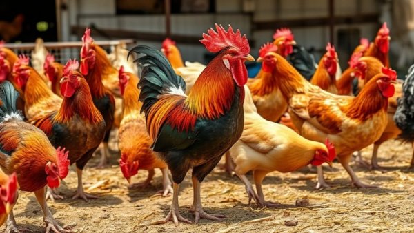 Healthy chickens in a Michigan farmyard setting.