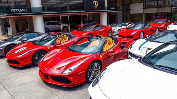 Ferrari sports cars at Middle East dealership with sleek architecture.