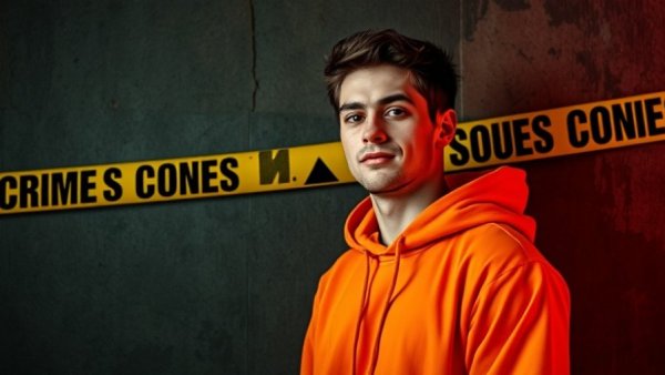 Young man in orange jacket with crime scene tape background.