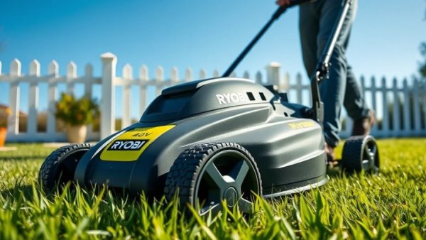Man mowing lawn with Ryobi 40V AWD self-propelled mower.