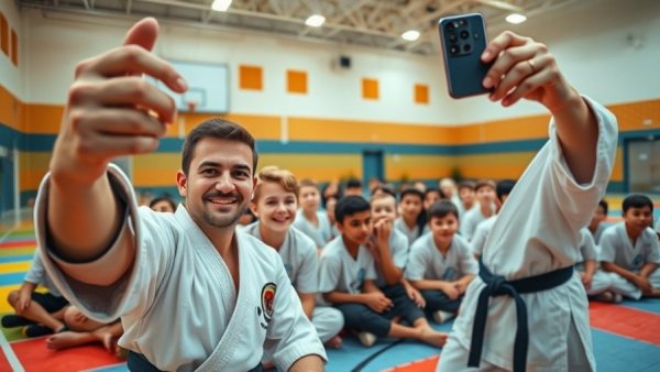Martial arts instructor selfies with kids learning in school gym to highlight impact.
