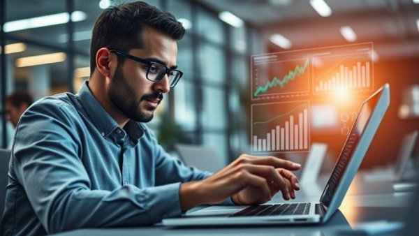 Professional analyzing data on laptop with digital graphics, Google Partner Program.