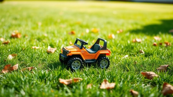 Toy vehicle on grassy lawn during lawn care season.
